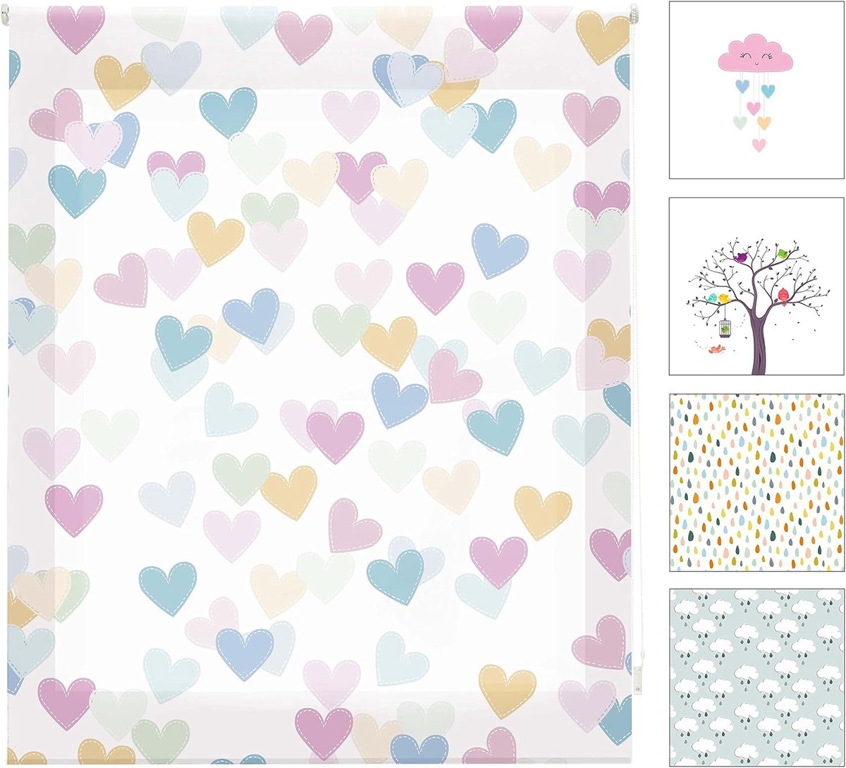 Digitaal kinderen | doorschijnend rolgordijn met digitale print, model Hearts | 130 x 180 cm (B x H) | stofgrootte 127 x 175 cm | rolgordijnen