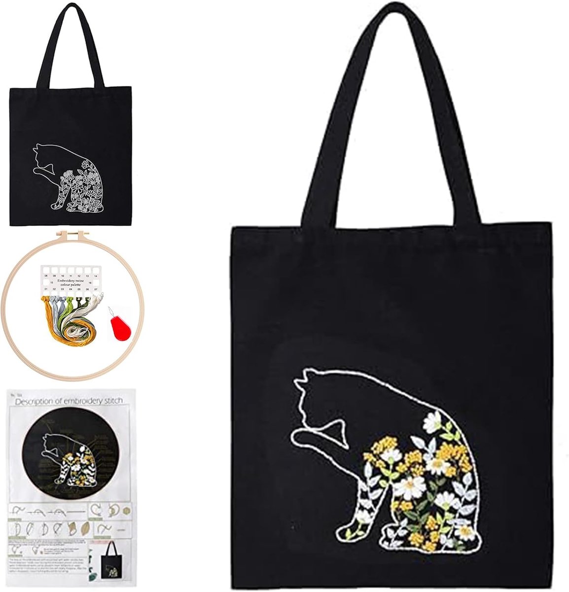 Kat Borduurset voor Beginners Volwassenen, Handborduurset met Tas met Ring en Patronen(B)