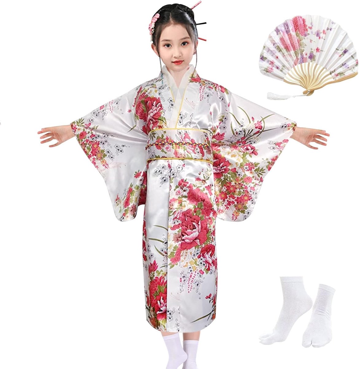 kimono voor meisjes, traditionele Japanse stijl, Yukata kimono van zijde, cosplay-kostuums, feestjurk voor meisjes, met opvouwbare waaier en tai-sokken