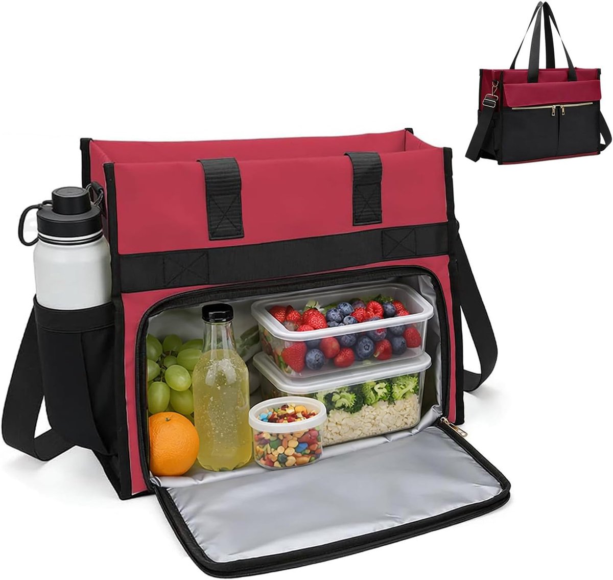 Lunchtas voor dames, 2-in-1, laptoptas 15,6 inch met geïsoleerd lunchvak, grote werktas en handtas, waterdichte computertas voor kantoor, business, school (bordeauxrood)