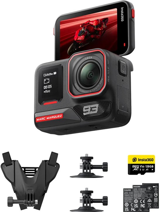 Insta360 Ace Pro 2 Marc Márquez 93 Edition action camera in zwart met een rode motor op het scherm. Accessoires zijn een micro SD kaart en bevestigingsklemmen.