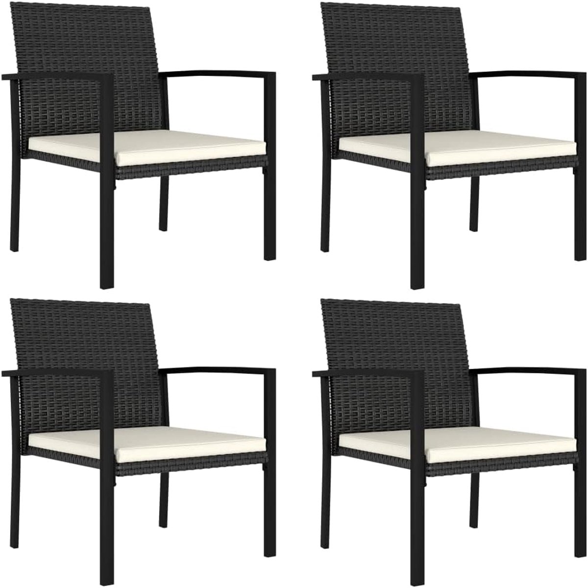 4 stuks tuin-eetstoelen van polyrotan in zwart met zitkussen, stabiel stalen frame en weerbestendig PE-vlechtwerk voor terras en balkon, lichtgewicht en hoog