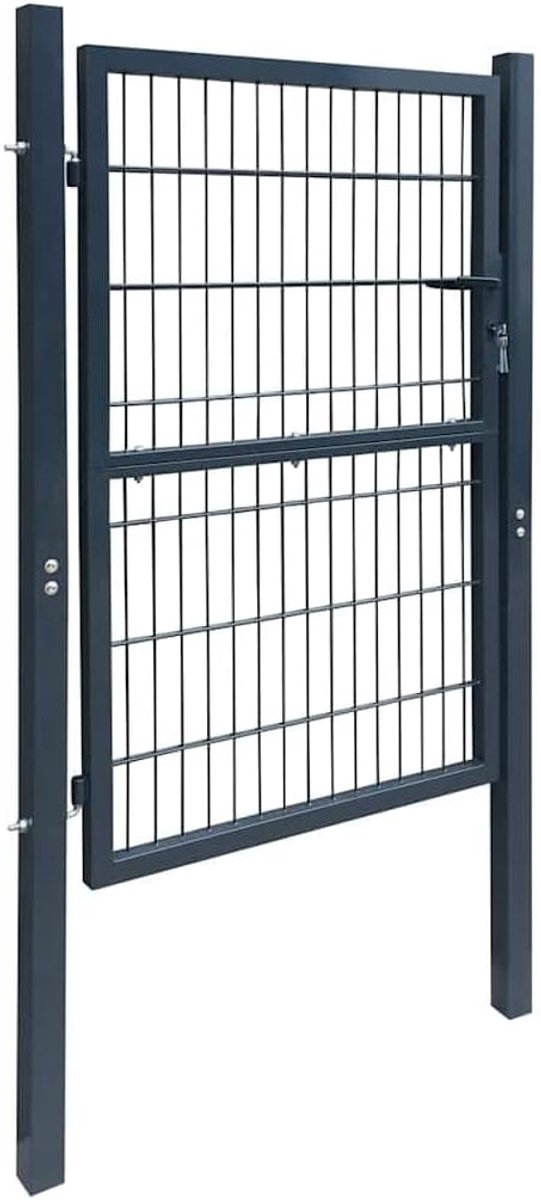 2D tuinpoort enkele antracietgrijs 100 x 120 cm, gepoedercoat staal, gelaste draadstaven, met slot en twee sleutels, scharnieren voor eenvoudige montage