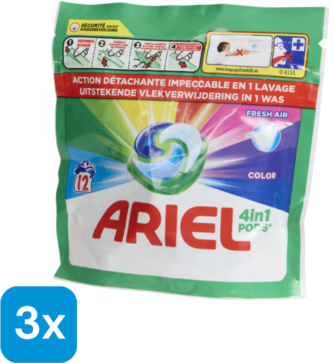 3x 12 Ariel 4‑in‑1 pods Kleur Capsules