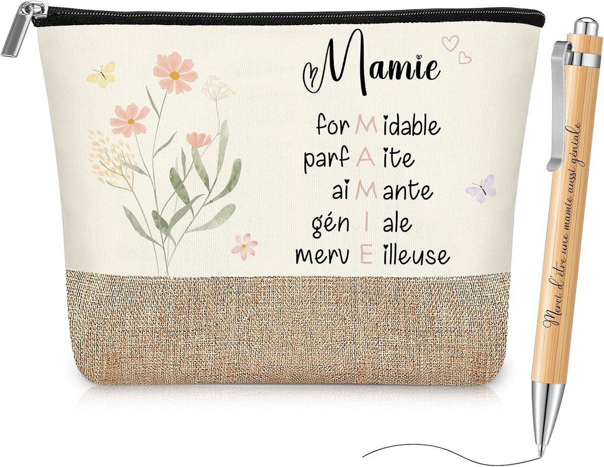 Cadeauset voor Oma: Make-up Tas, Balpen en Houten Boekenlegger voor Verjaardag, Kerst en Pensioen