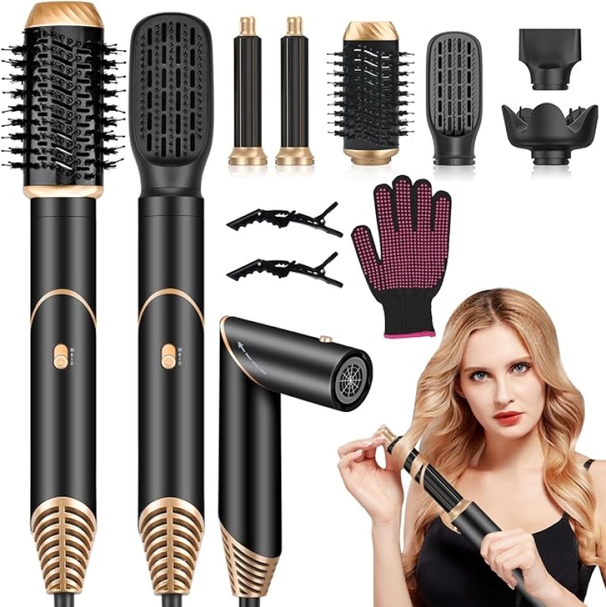 6-in-1 Haarstyler Set met Opvouwbare Ionische Föhn, Heteluchtborstel, Automatische Krultang, Stijltang, Volumeborstel en Diffuser - Zwart/Goud
