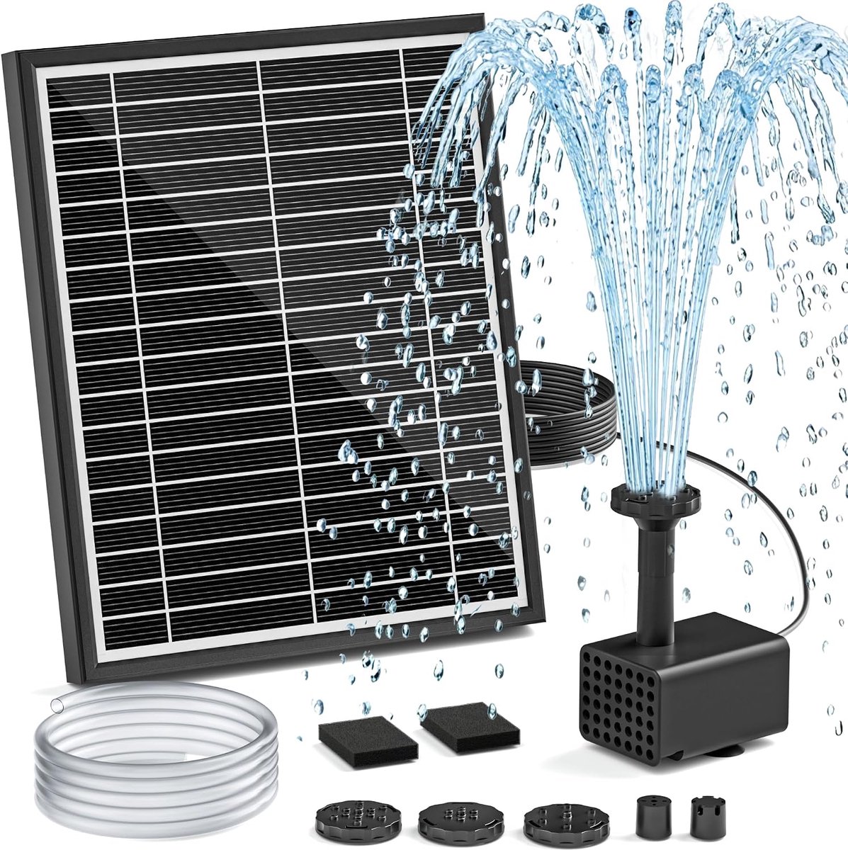 Zonnefonteinpomp voor Vogelbad, 5,5W Zonnewaterpomp met 3M Netsnoer, Verstelbare Grondpen, 5 Sproeimodi & 1,2M Slang, Droogloopbeveiliging en Laag Geluidsniveau voor Tuin, Kleine Vijver en Aquarium