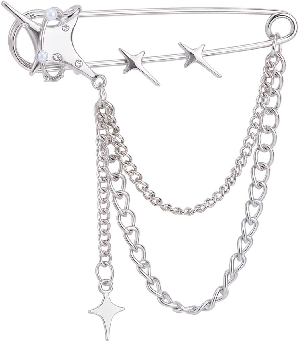 1 doos ster ketting pin zilveren veiligheidspeld broches vintage punk legering bling kristal kralen sterren bedels pullover sjaalkraag decoratieve broche met hangende kettingen voor jurk rok