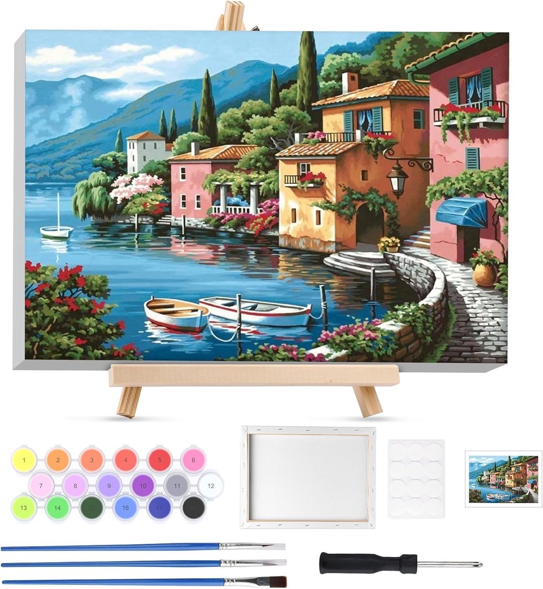 Landschapsverfset voor Kinderen en Volwassenen met Houten Easel en Lijst - Creatieve Schilderen op Nummer met Kwast en Franje voor Kunstliefhebbers