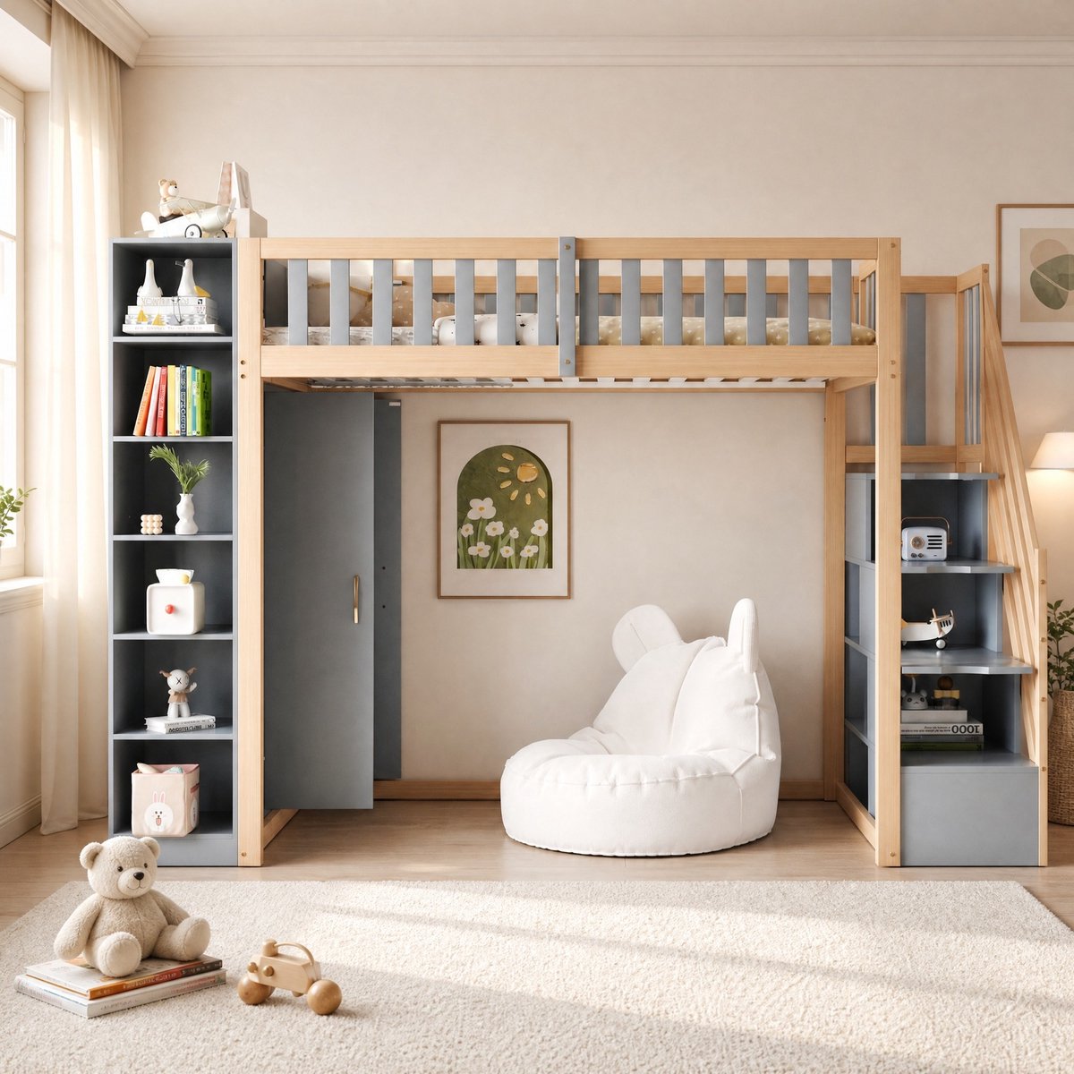 WUVRIE Hoogslaper 90x200 cm met kast, trap met opberglades en wandrek, grijs/naturel hout