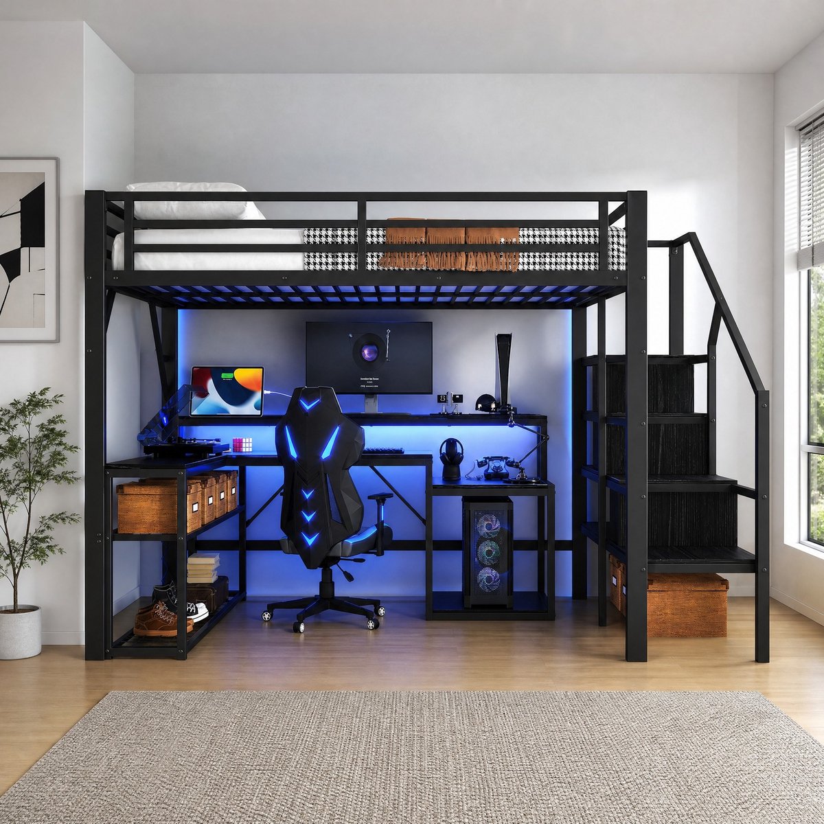 WUVRIE Hoogslaper 140 x 200 cm met bureau, trap met opbergruimte, LED en USB, zwart