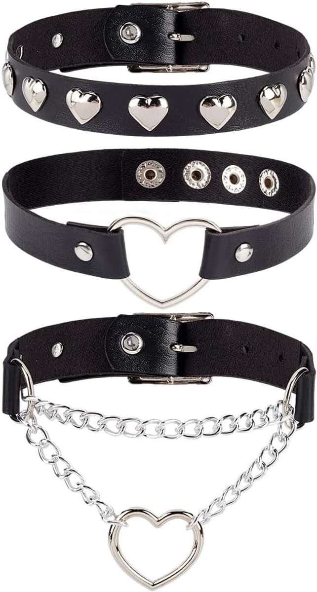 3pcs zwart hart PU leder choker halsband liefde punk riet kollar gothic imitatie leder legering verstelbare klassieke halsband pakket kollar keten voor vrouwen cosplay kerstverjaardag juwe
