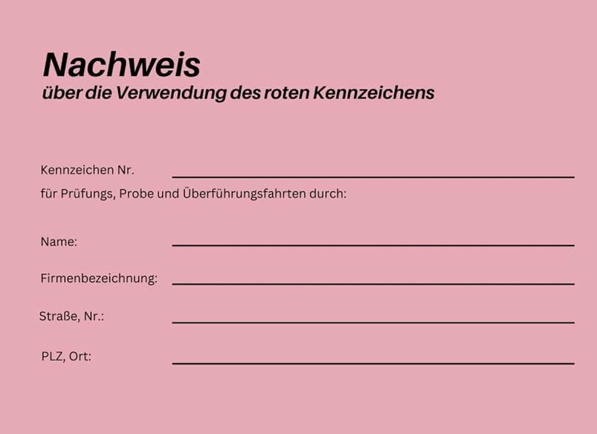 Rote Kennzeichen - Fahrtenbuch Händler Probefahrt - 50 Seiten DIN A5 quer