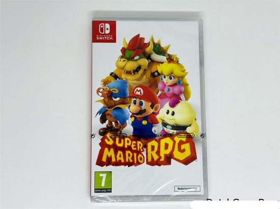 Super Mario RPG Nintendo Switch spel met Mario, Prinses Peach, Bowser en Mallow.