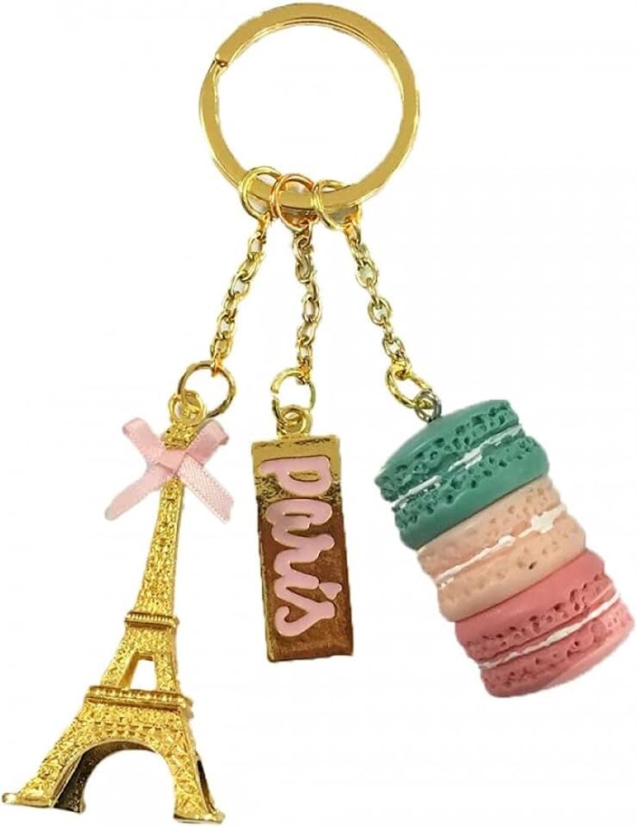 Decoration Sleutelhanger Parijs Eiffeltoren met macarons - Kleur groen en roze - Maat 8 cm
