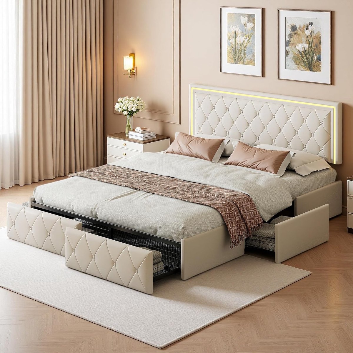 Bed 140x200 cm met opbergruimte, tweepersoonsbed met led-hoofdeinde, opbergbed met 4 laden & lattenbodem, gewatteerd bed, jeugdbed, PU (beige)