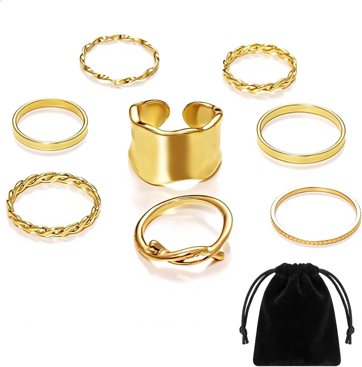 Ringen, goud, stapelbaar, duimring en halange, elegante damessieraden met fluwelen zakje, voor verjaardag en feest