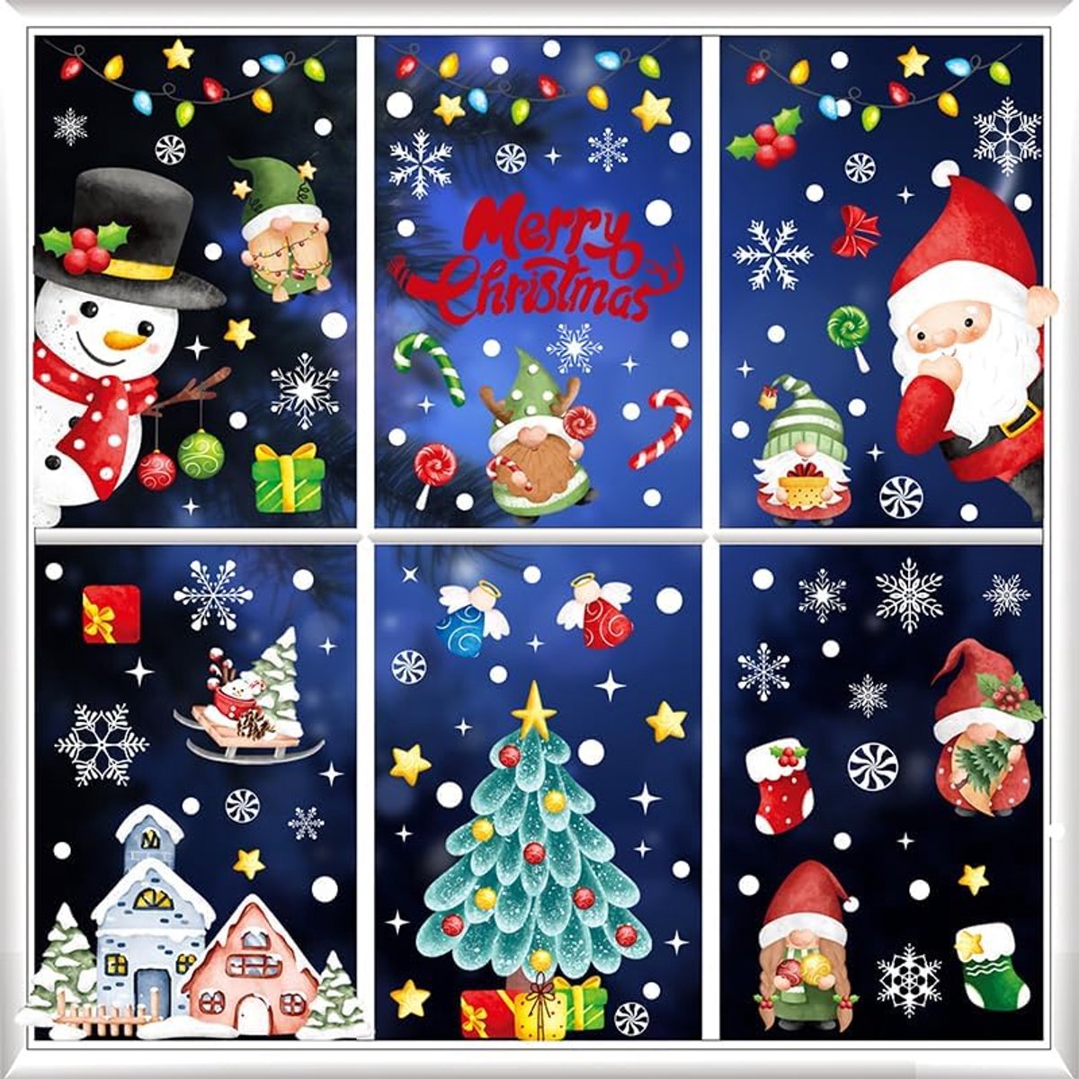 Kerstmis, winter raamdecoratie Kerstmis, raamstickers, kerstdecoratie, kleur kerstraamafbeeldingen, raamstickers met kerstman, sneeuwpop, kabouter, sneeuwvlok, huizen
