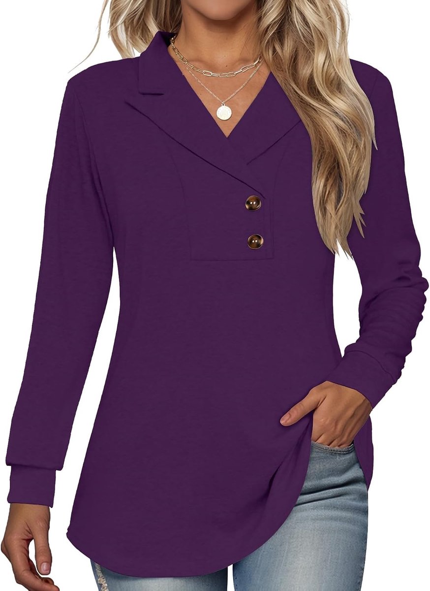 Lange mouw knop revers tuniek tops V-hals zakelijke casual swing sweatshirt pullover 2025