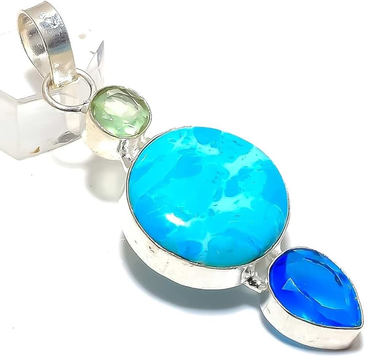 Larimar, London Blue Topaz, Kyanite Quartz Multi-Stone Handmade Pendant 2-2.5" Long For Girls Woman's Sterling Silver Plated Jewelry From Kashish