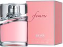 Hugo Boss Femme Eau de Parfum 75 ml. Glazen flacon met roze vloeistof, verchroomde dop. Roze verpakking met "femme" en "BOSS HUGO BOSS".