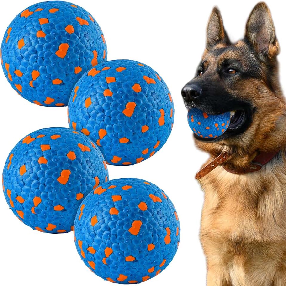 Pakket van 4 onverwoestbare hondenballen, tennisballen voor honden die agressief kauwen, veiliger voor de mond, voor grote, middelgrote, kleine puppy's, training vangen en gooien, blauw
