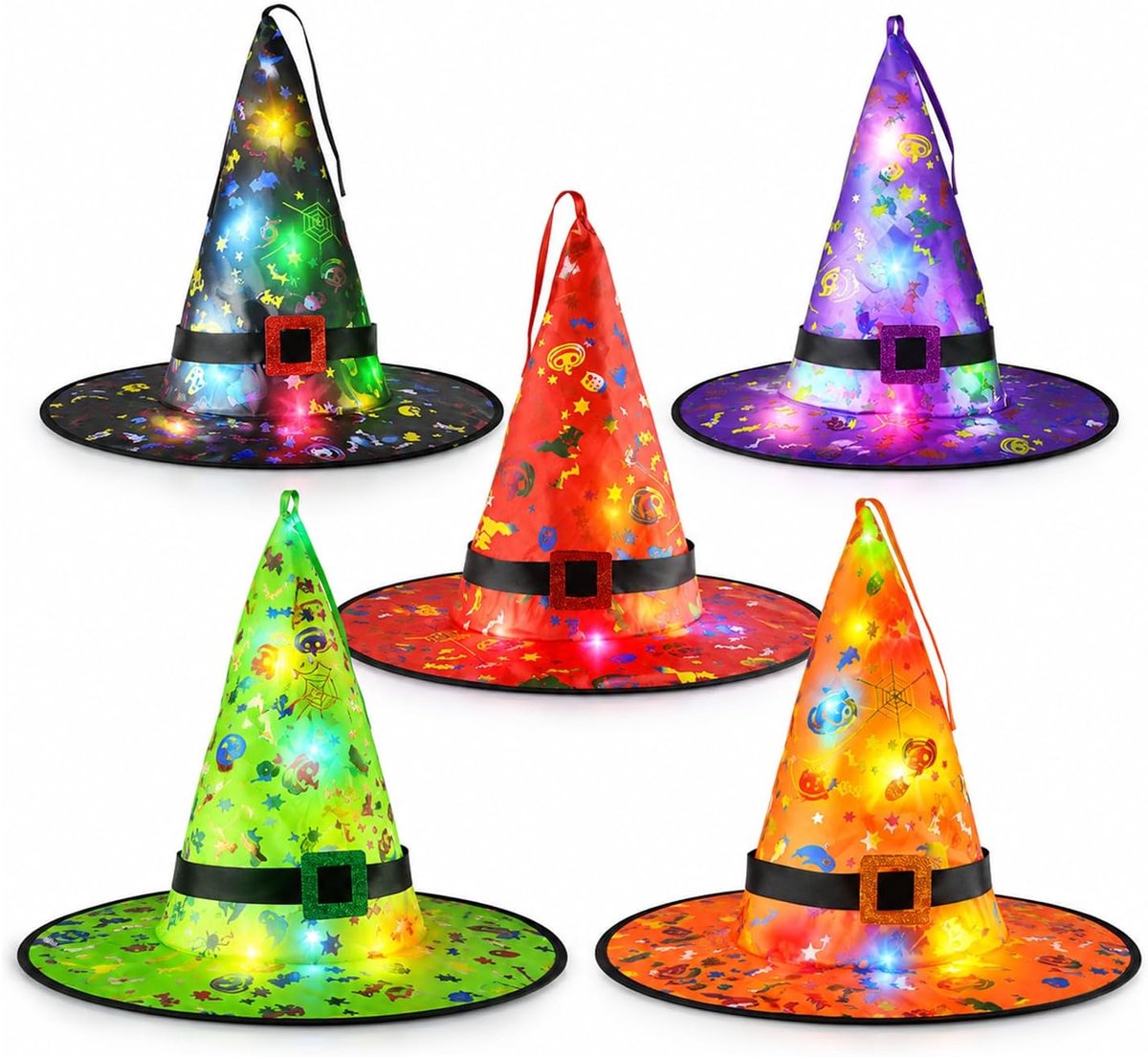 Heksenhoed voor Halloween, 5 stuks, hangende lichtgevende heksenhoed, heksenhoed met licht, Halloween-decoratiehoeden, Halloween-decoratiehoeden, Halloween-heksenhoed, lichtketting voor
