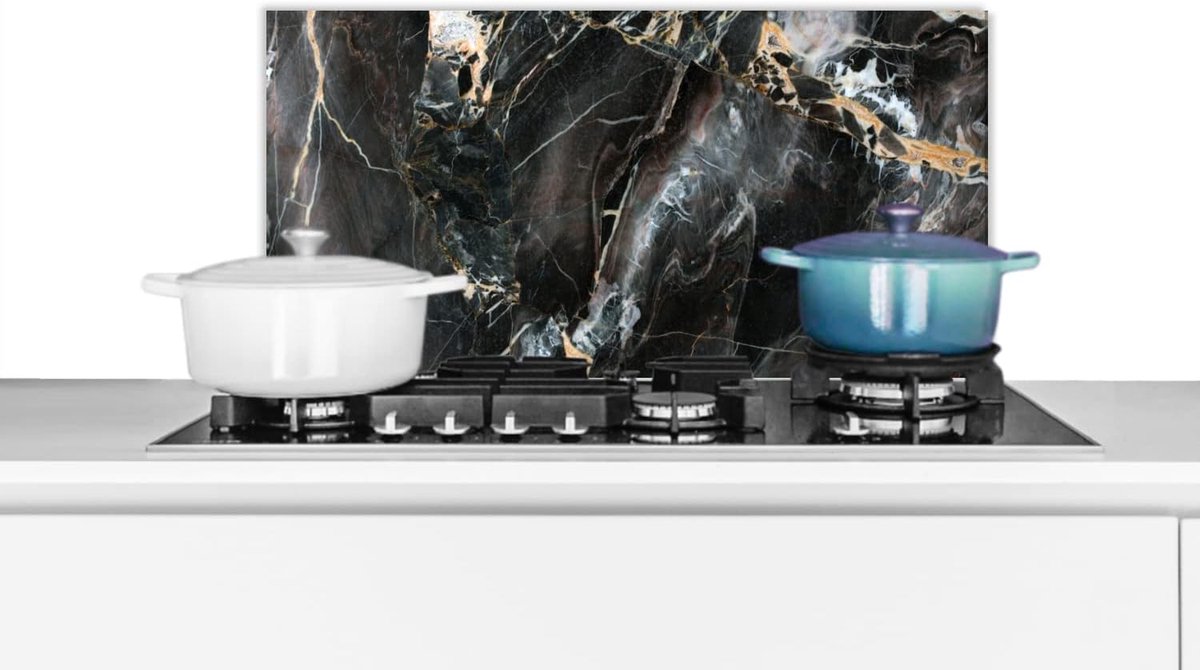 Spatscherm Keuken - 60x30 cm - Marmer - Zwart - Goud - Patroon