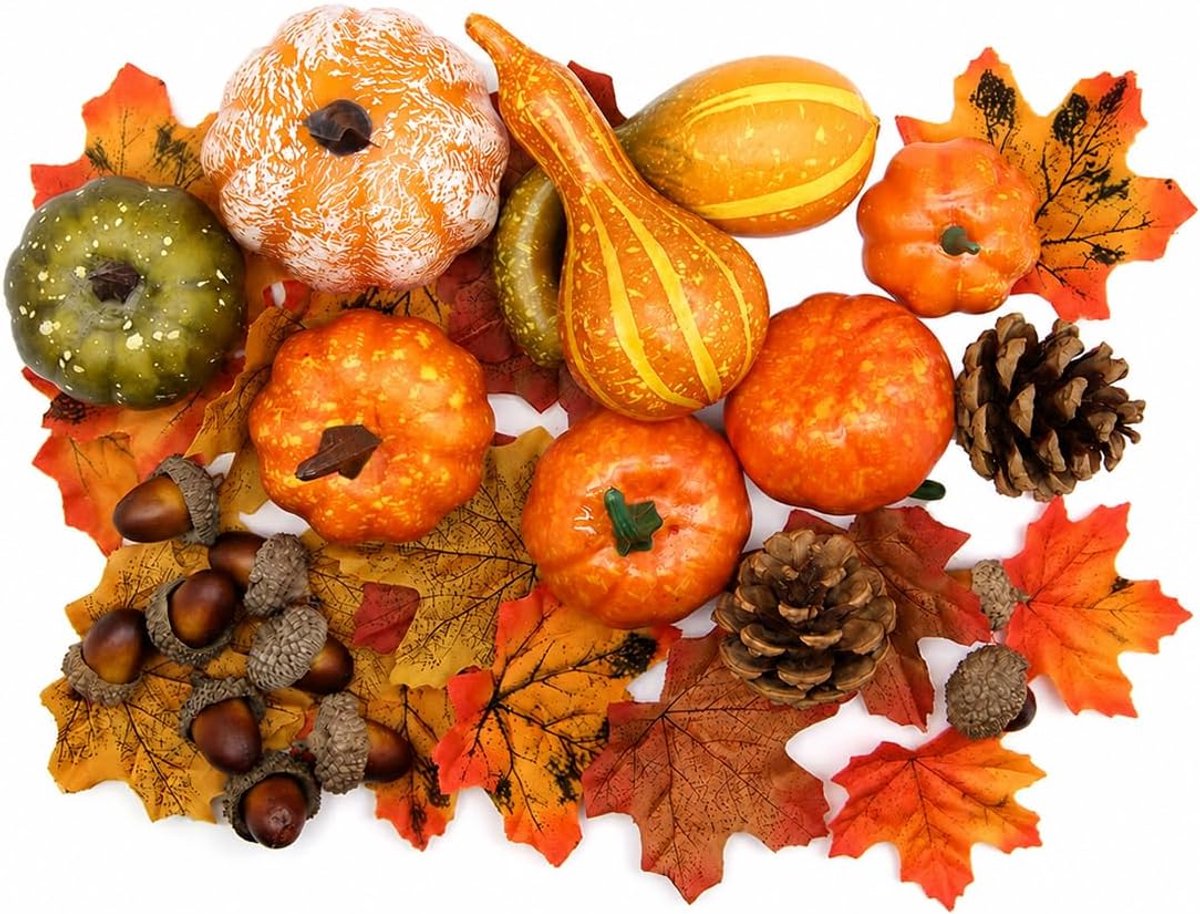 70-delig Herfst Decoratieset, Kunstmatige Pompoenen, Esdoornbladeren, Eikels en Dennenappels voor Tafeldecoratie en Halloween
