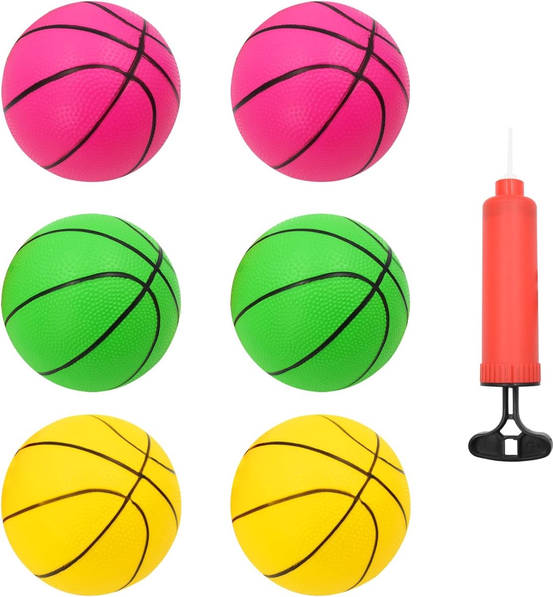 6 stuks mini-basketbal, duurzaam pvc, diameter 15 cm, kinderbasketbal met pomp, voor binnen en buiten, spelen, zwembadfeesten (roze, geel, groen)