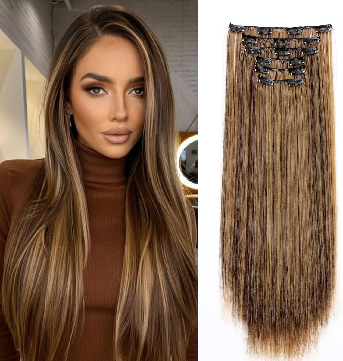 Clip in Extensies Haarstukje Haarverlenging Recht 6PCS 58cm Clip in Haarextensies Zoals Echt Haar Goedkope Synthetische Lang, Middelbruin & Donker Blond