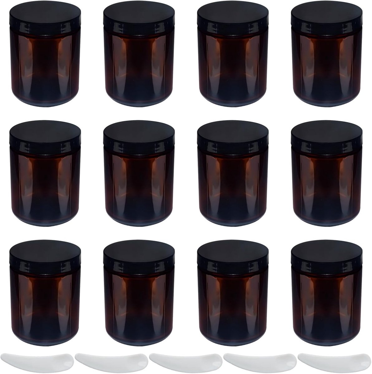 Dailygoods- Crèmepot 100 ml - Set van 4 - Amber Glas - UV-bescherming - Goede afsluiting - Inclusief 5 Spatels - Perfect voor cosmetica - Cosmetic Jar