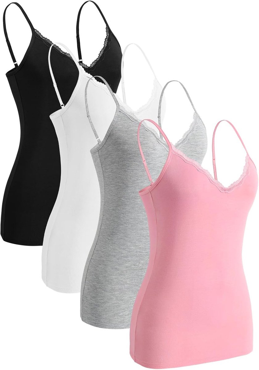 Kanten onderhemd voor dames, spaghettibandjes, tanktop, verstelbare V-hals, onderhemden, verpakking van 4 stuks