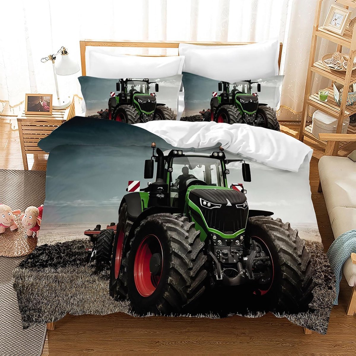3D-print, tractorpatroon, kinderbeddengoed, microvezel, 3-delig met ritssluiting, voor kinderen, jongeren en jongens (tractor 6, 135 x 200 cm)