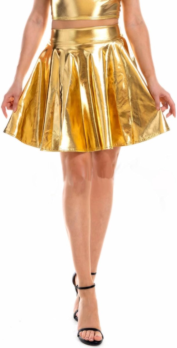 Glanzende Rok Sexy Nat Look Uitlopende Geplooide Rok Vrouwen Skater Rok Cheerleader Anime Alien Cosplay Kostuum