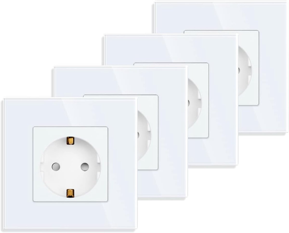 Stopcontacten in wit, 16Amp glas Schuko stopcontacten inbouw randaarde stopcontact 86mm, 250V, 1 compartiment