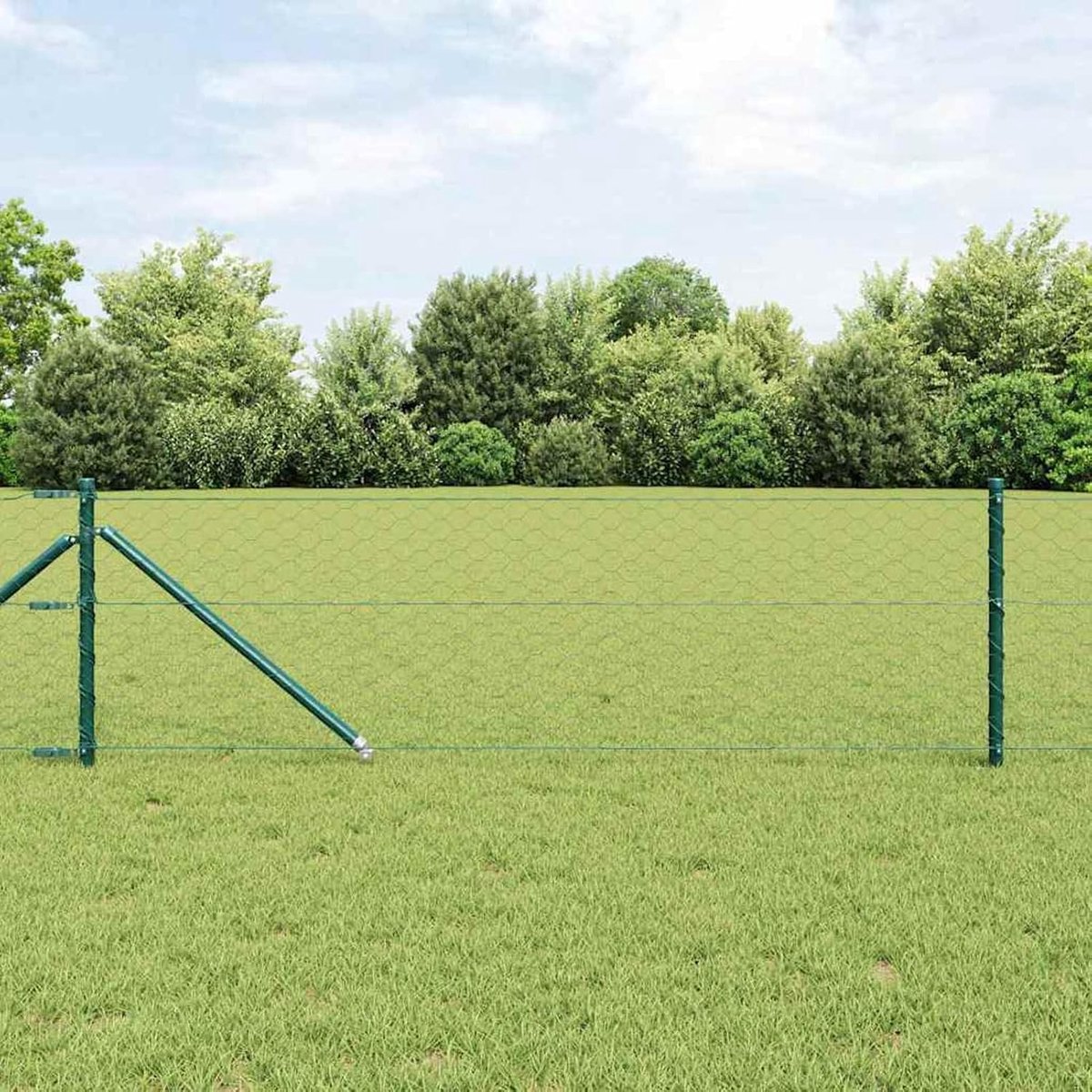 Zeshoekig hek groen 0,8 x 25 m staal, hekpalen met spike 13 stuks Ø 32 mm 100 cm gegalvaniseerd staal zeshoekig vlechtwerk veldhek voor kippenhok konijnenhok wildbescherming