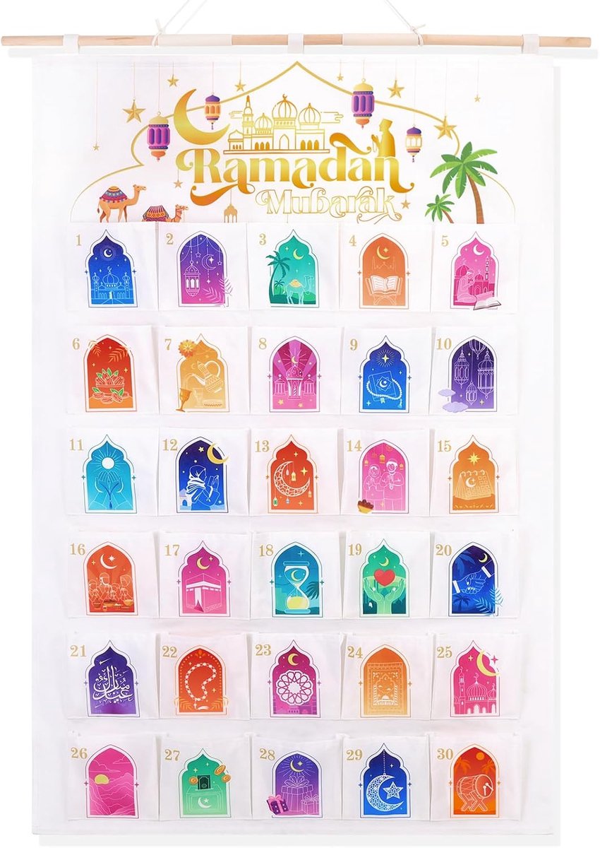 Dailygoods- Ramadan-kalender 2026 - Wandkalender van stof - Herbruikbare kalender - 30 vakken - Decoratie - Inclusief houten stok en koord - Adventska