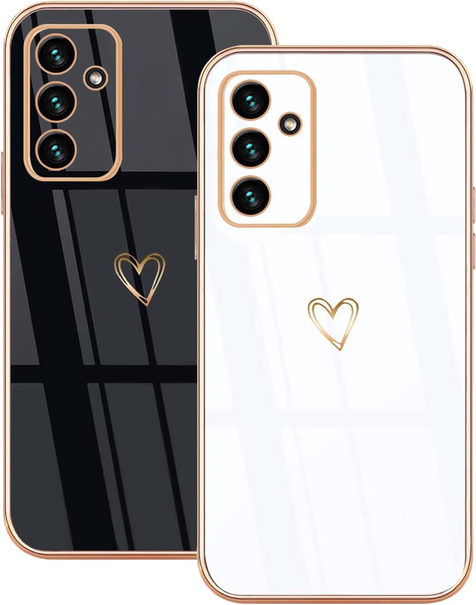 2 stuks Hoes voor Samsung Galaxy A15 5G / 4G, schattige hartpatroon/motief voor meisjes vrouwen, kleurverguld siliconen, stootvaste beschermhoes Galaxy A15 telefoonhoes - Zwart & Wit