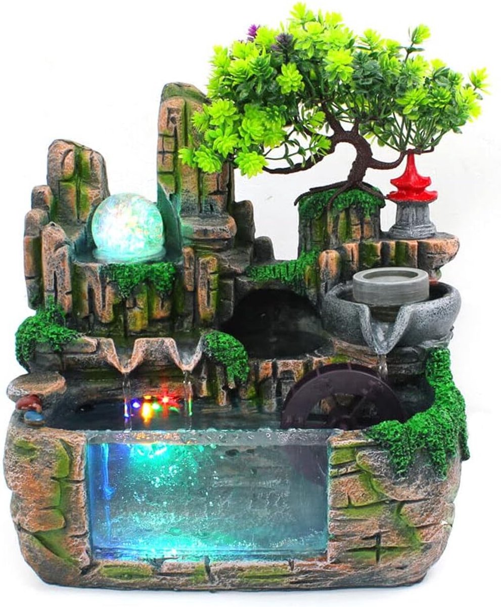 Tafelfontein, 30 x 20 x 30 cm tafelblad tuin fontein rotstuin waterval plant vernevelaar desktop ornament en led-lamp voor kantoor, thuis