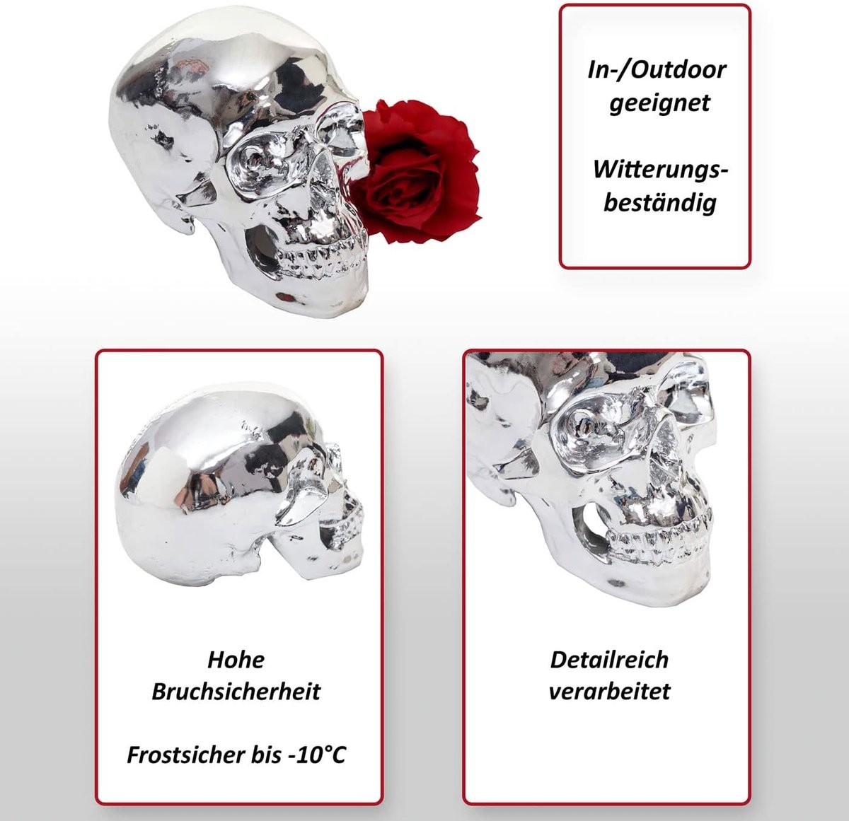 Deco schedel HWC-T921, Decoratie Polyhars Sculptuur Doodshoofd, In-/Outdoor 18 cm Zilver Hoogglans