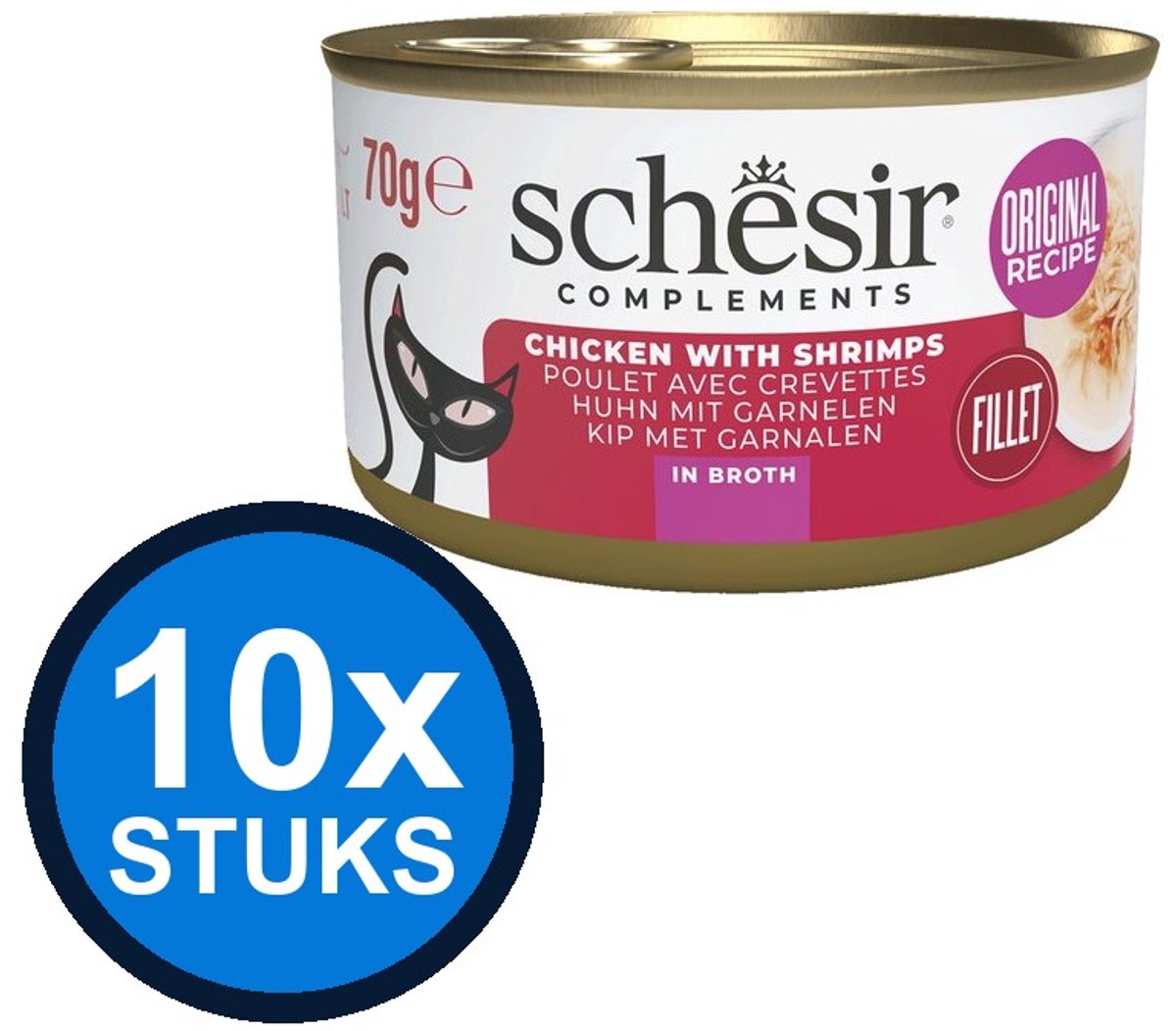 10x Schesir - Complementary - Kattenvoer - Bouillon in blik - Kip & Garnalen - 70g