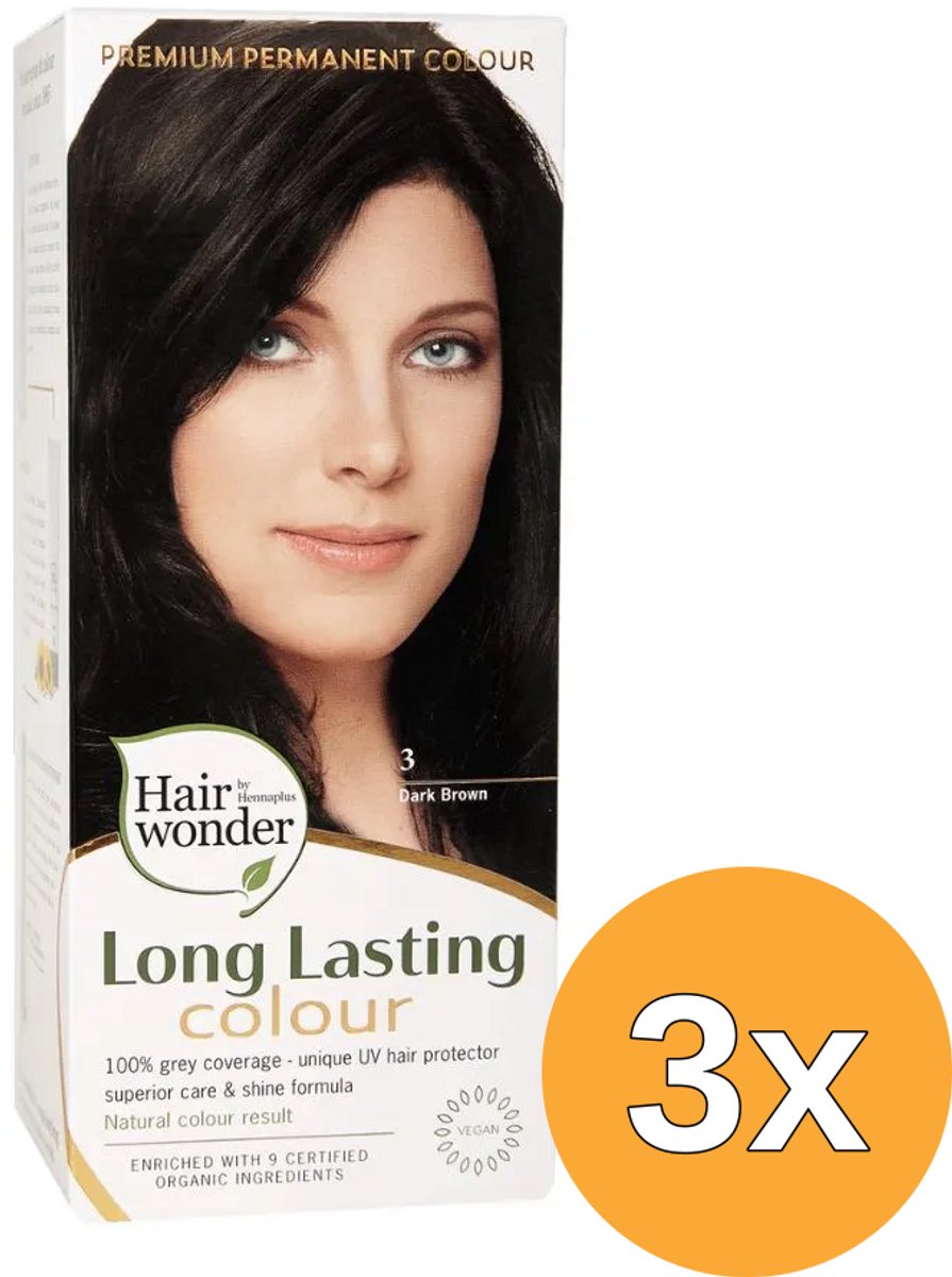 3x Hairwonder Long Lasting Colour 3 Dark Brown (100 ml)
