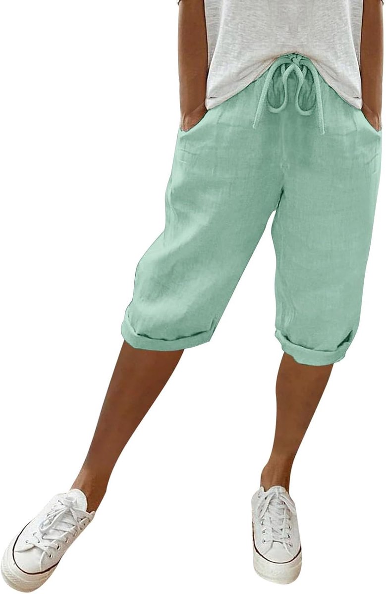 Linen damesbroek, zomer, knie lang, elastisch, hoge taille, blauw, casual