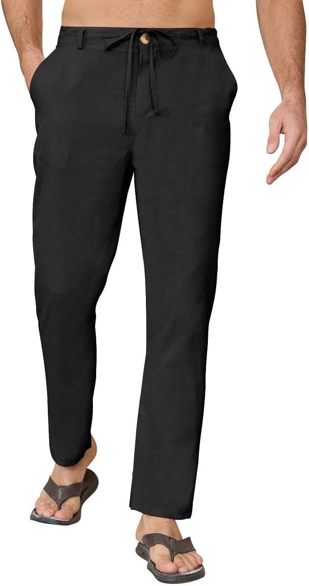 Linnen herenbroek, katoenen broek met zomerzakken, lichte broek met trekkoord, casual losse strandbroek, rechte pijpen, yogabroek