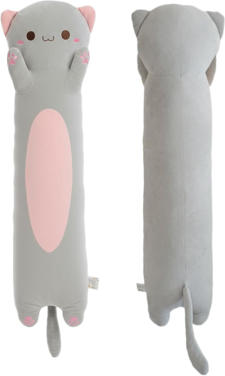 zacht lang kattenkussen, pluche kussen, schattig kittenspeelgoed, pluche kussen, voor kinderen, jongens en meisjes, kamerdecoratie (grijs, ronde ogen, 90 cm)