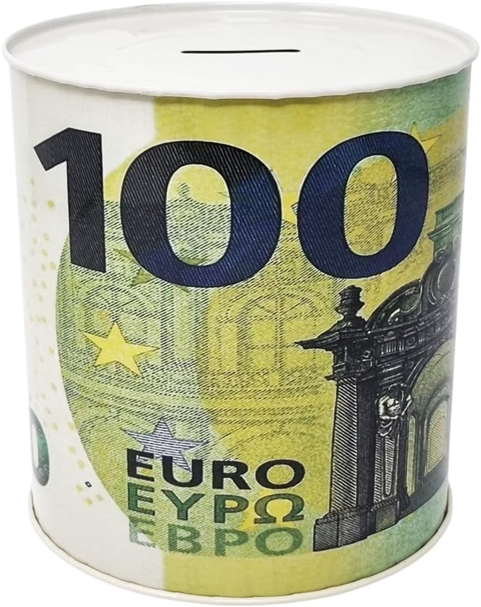 Spaarpot design bankbiljet 100 euro van metaal plaatstaal niet openklapbaar 15 x 14 cm