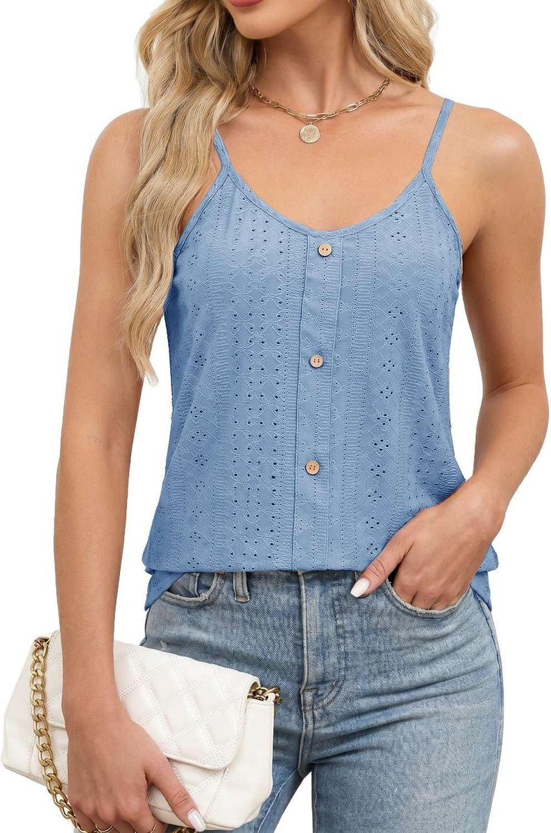 Tanktop voor dames met V-hals, verstelbare bandjes met retro-knoopdetail, ademende zomertop voor business en vrije tijd, nauwsluitende blouse voor dames