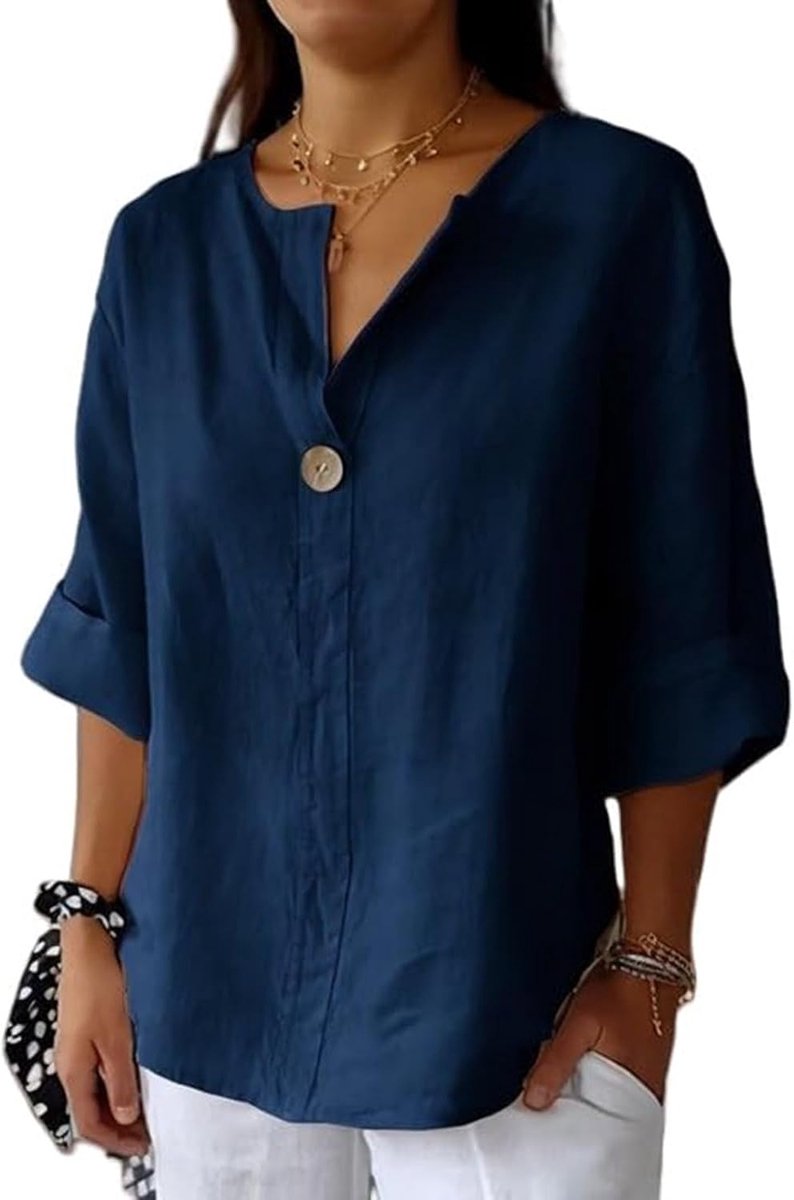 Damen Tunika Bluse V-Ausschnitt 3/4 Ärmel Lockeres Leinen Look Oberteil Freizeitbluse Sommer Shirt Damen