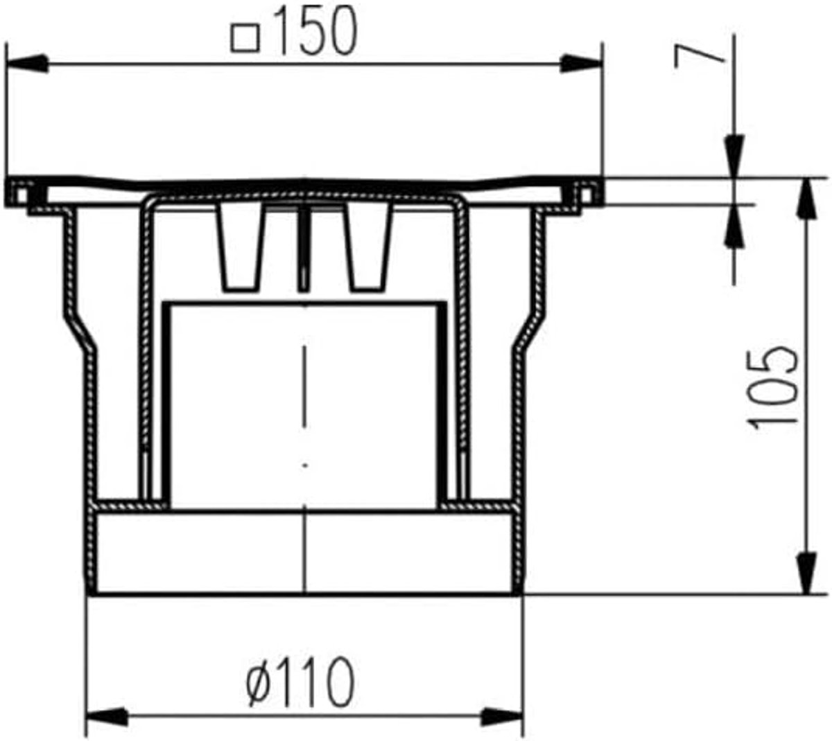 badafvoer, vloerafvoer, 150 x 150 mm, DNS 110 N, roestvrij staal (323 N)